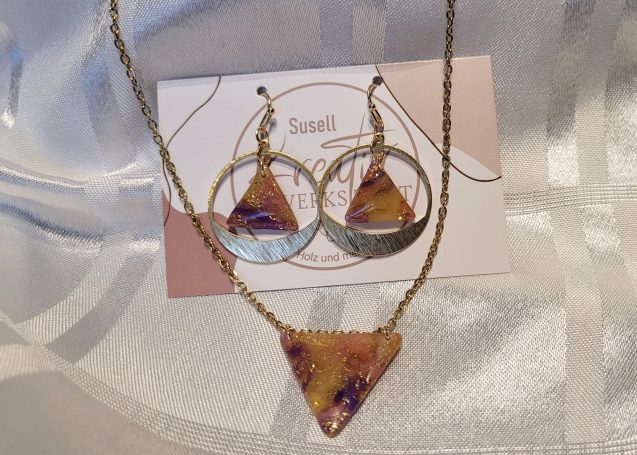 Ohrringe & Kette aus Polymer Clay, Marmoriert mit Blattgold, Kette 18K vergoldet