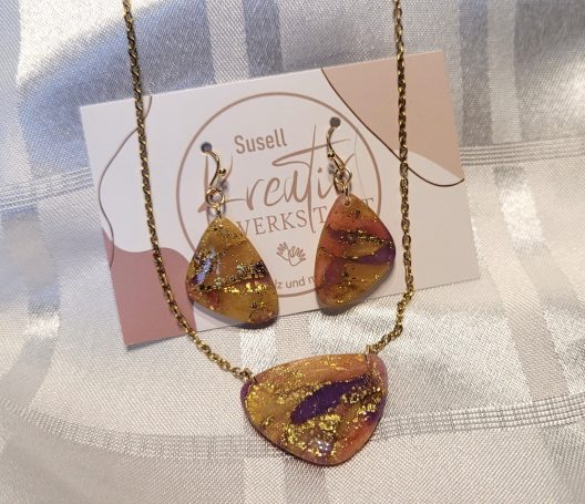 Ohrringe & Kette aus Polymer Clay, Marmoriert mit Blattgold, Kette 18K vergoldet