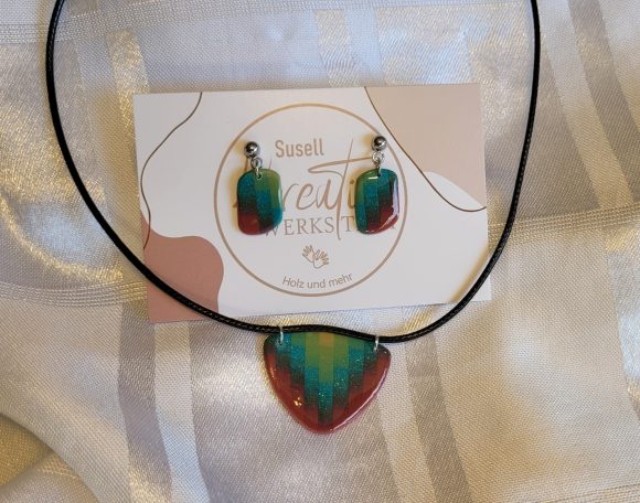 Ohrringe & Kette aus Polymer Clay, Karo, Farbenmix