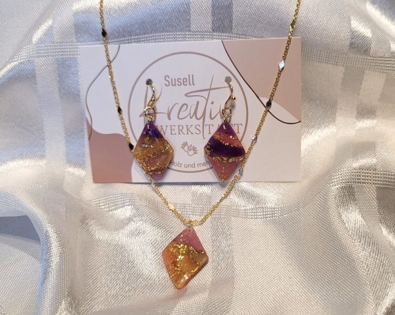Ohrringe & Kette aus Polymer Clay, Marmoriert mit Blattgold, Kette 18K vergoldet