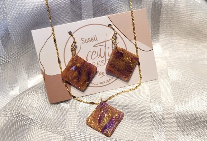 Ohrringe & Kette aus Polymer Clay, Marmoriert mit Blattgold, Kette 18K vergoldet