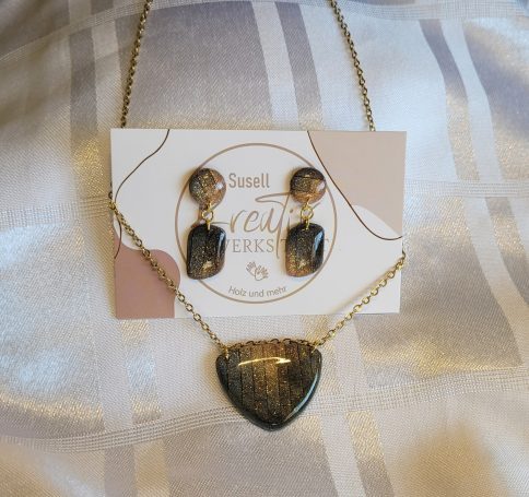 Ohrringe & Kette aus Polymer Clay, Karo, Gold, Grau, Gold